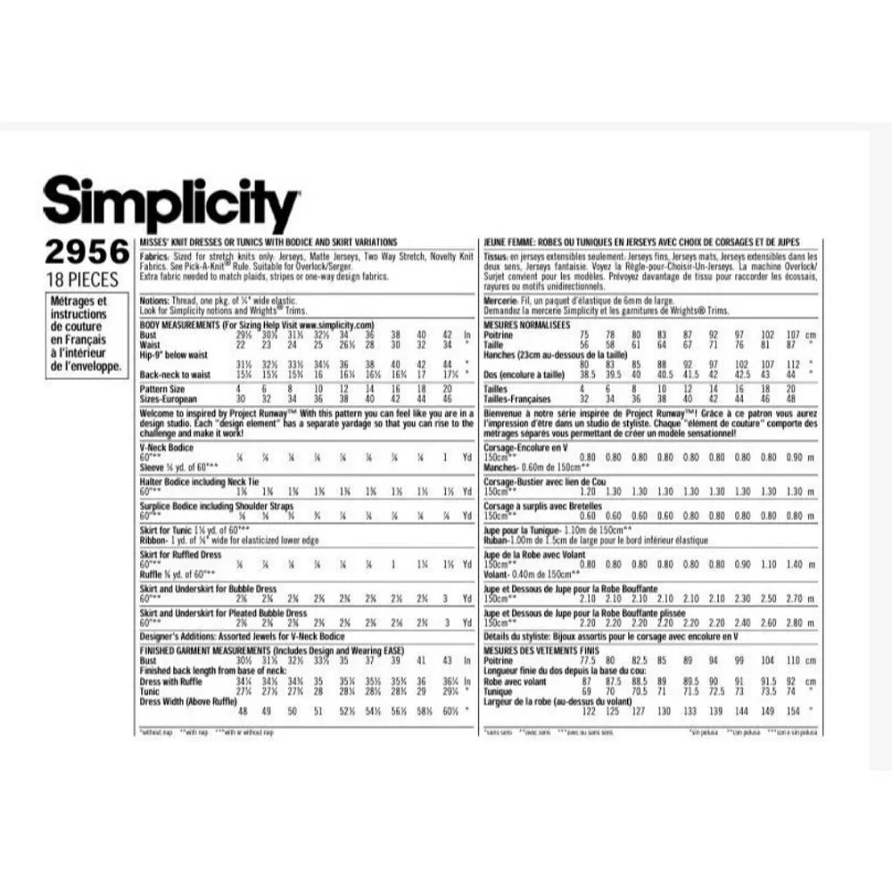 Simplicity Sewing Pattern 2956 Dress Project Runway Misses‎ Size 4-12